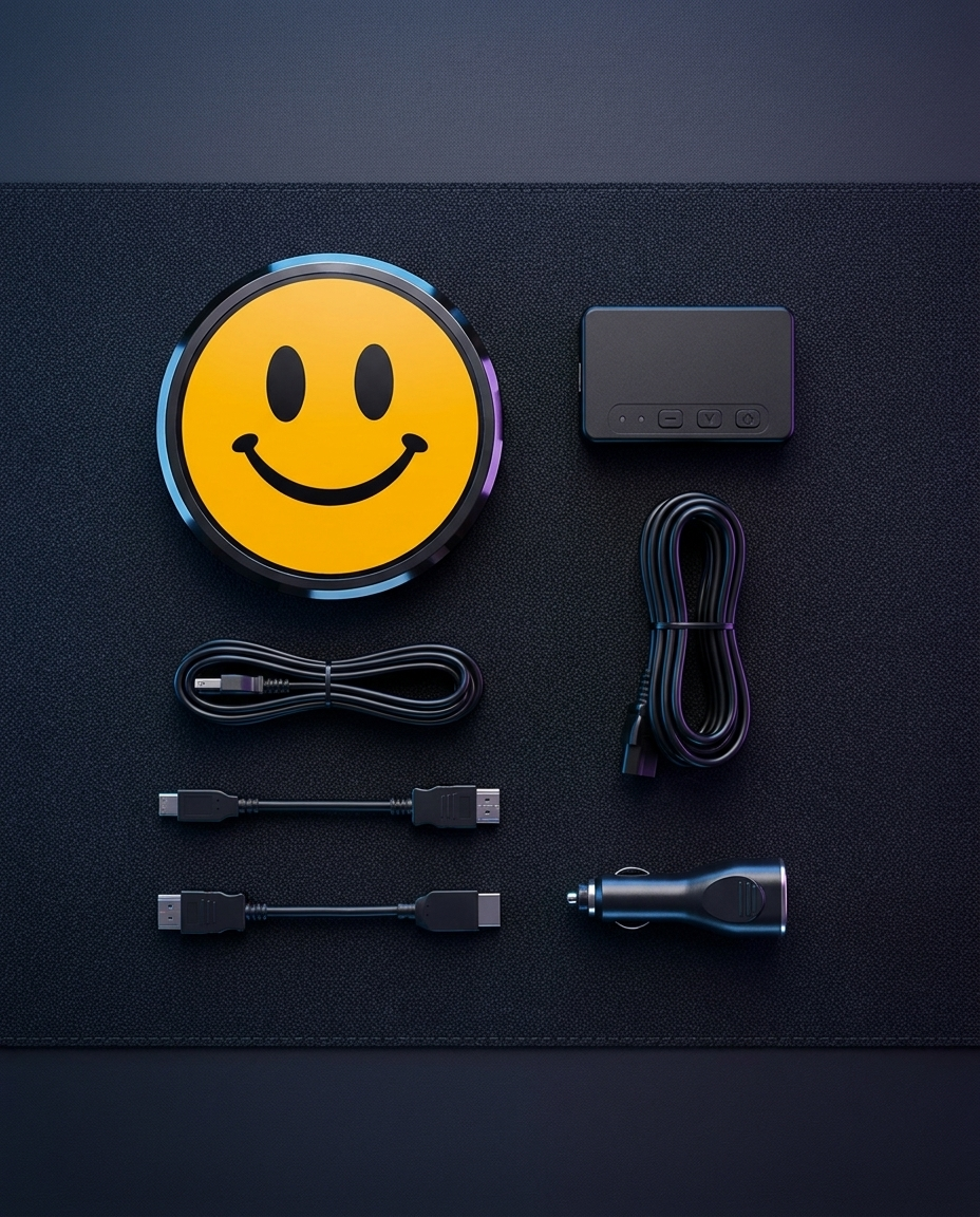 FlexBlem kit contents: display unit, power control box, cables, and 12V adapter arranged flat